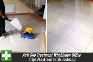 Applying Anti-Slip Treatment to Porcelain tiles in Wimbledon Office
