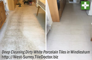 White Porcelain Tiled Floor Before and After Cleaning in Windlesham