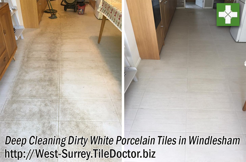 White Porcelain Tiled Floor Before and After Cleaning in Windlesham